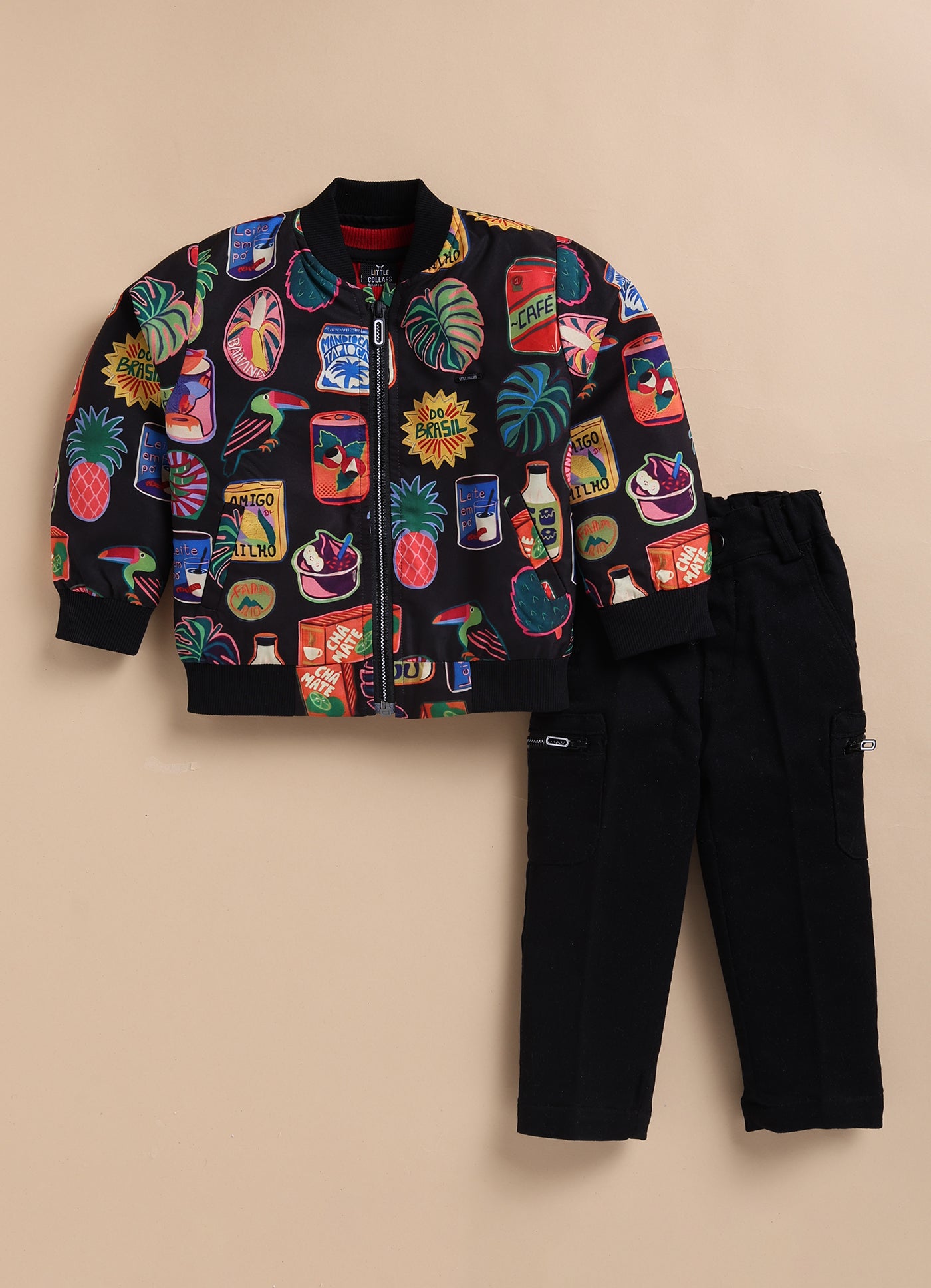 Blended Quirky Graphic Printed Woven Full Sleeves Zippered Sweat Jacket with Printed T-shirt and Pants Casual Set-Black