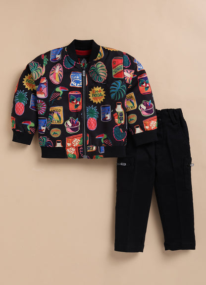 Blended Quirky Graphic Printed Woven Full Sleeves Zippered Sweat Jacket with Printed T-shirt and Pants Casual Set-Black