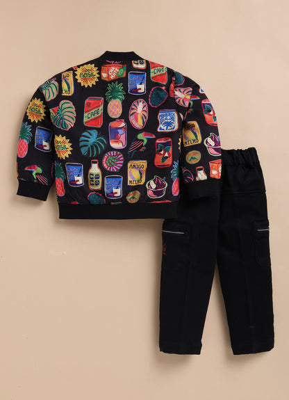 Blended Quirky Graphic Printed Woven Full Sleeves Zippered Sweat Jacket with Printed T-shirt and Pants Casual Set-Black