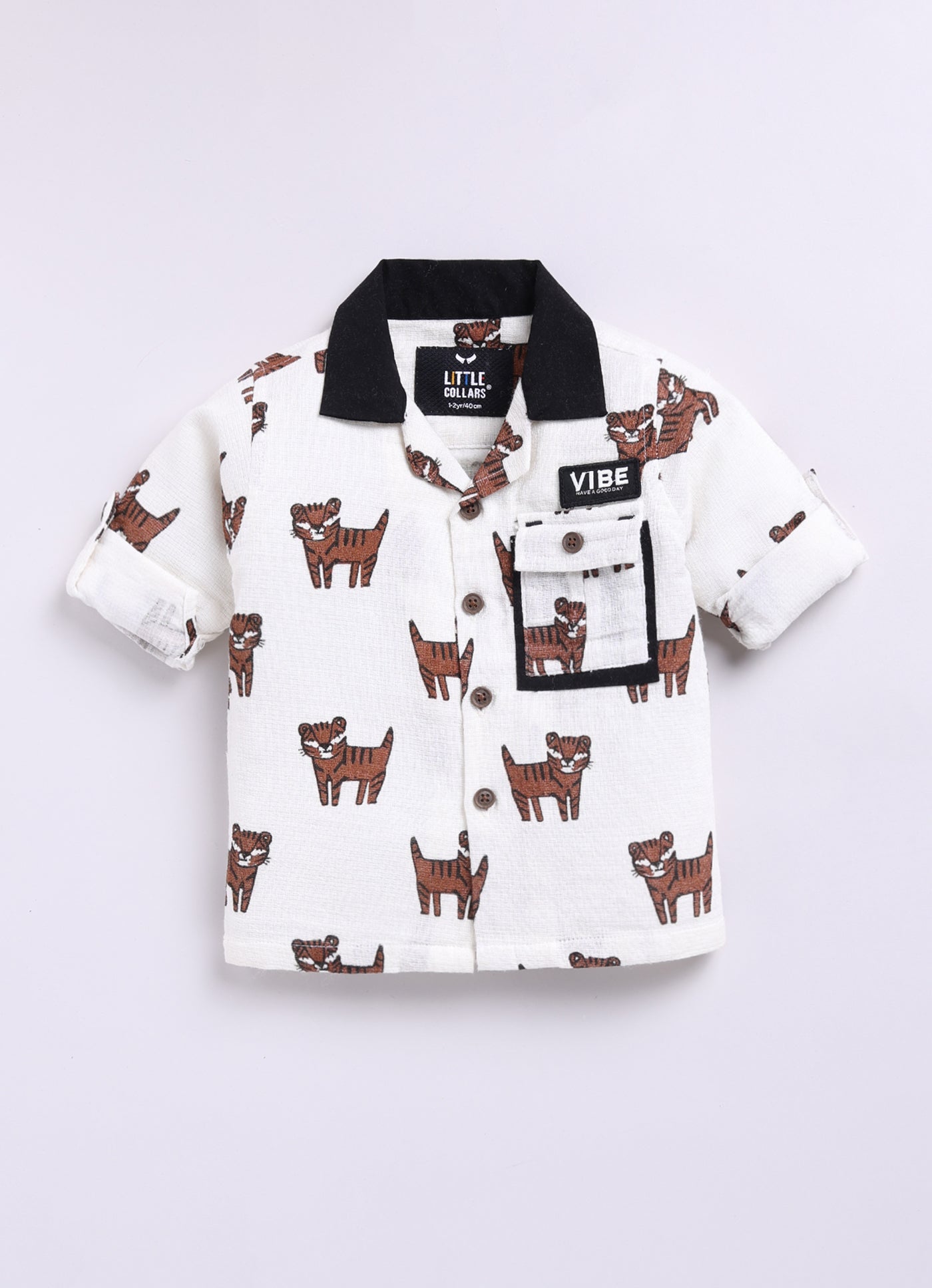 Organic Cotton All Over Lion Printed Woven Full Sleeves Cuban Collar Shacket with Denim Pants Casual Set- White