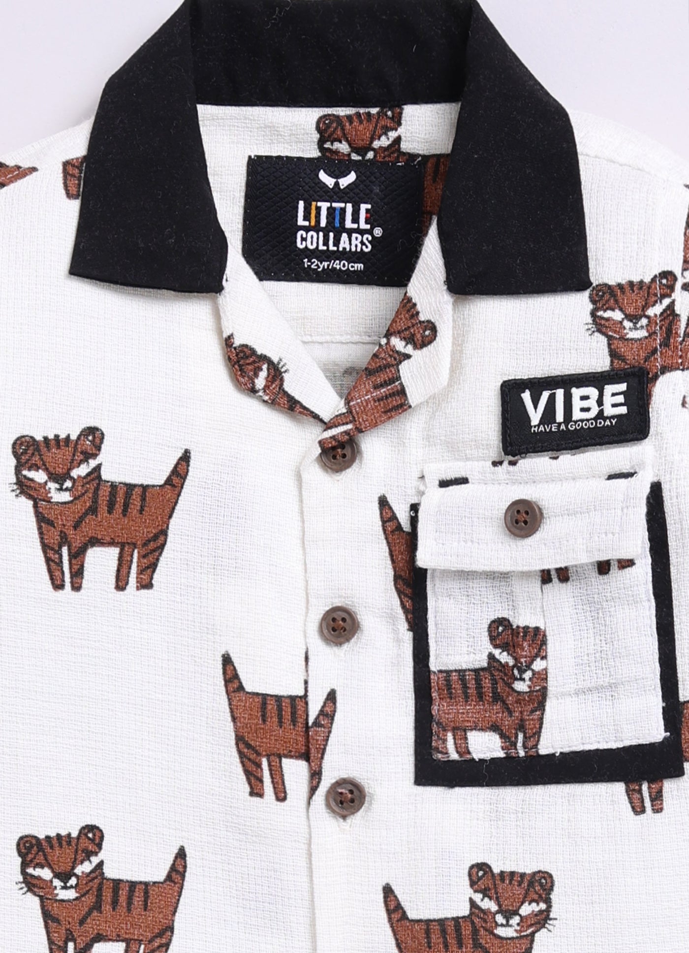 Organic Cotton All Over Lion Printed Woven Full Sleeves Cuban Collar Shacket with Denim Pants Casual Set- White