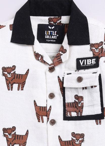 Organic Cotton All Over Lion Printed Woven Full Sleeves Cuban Collar Shacket with Denim Pants Casual Set- White