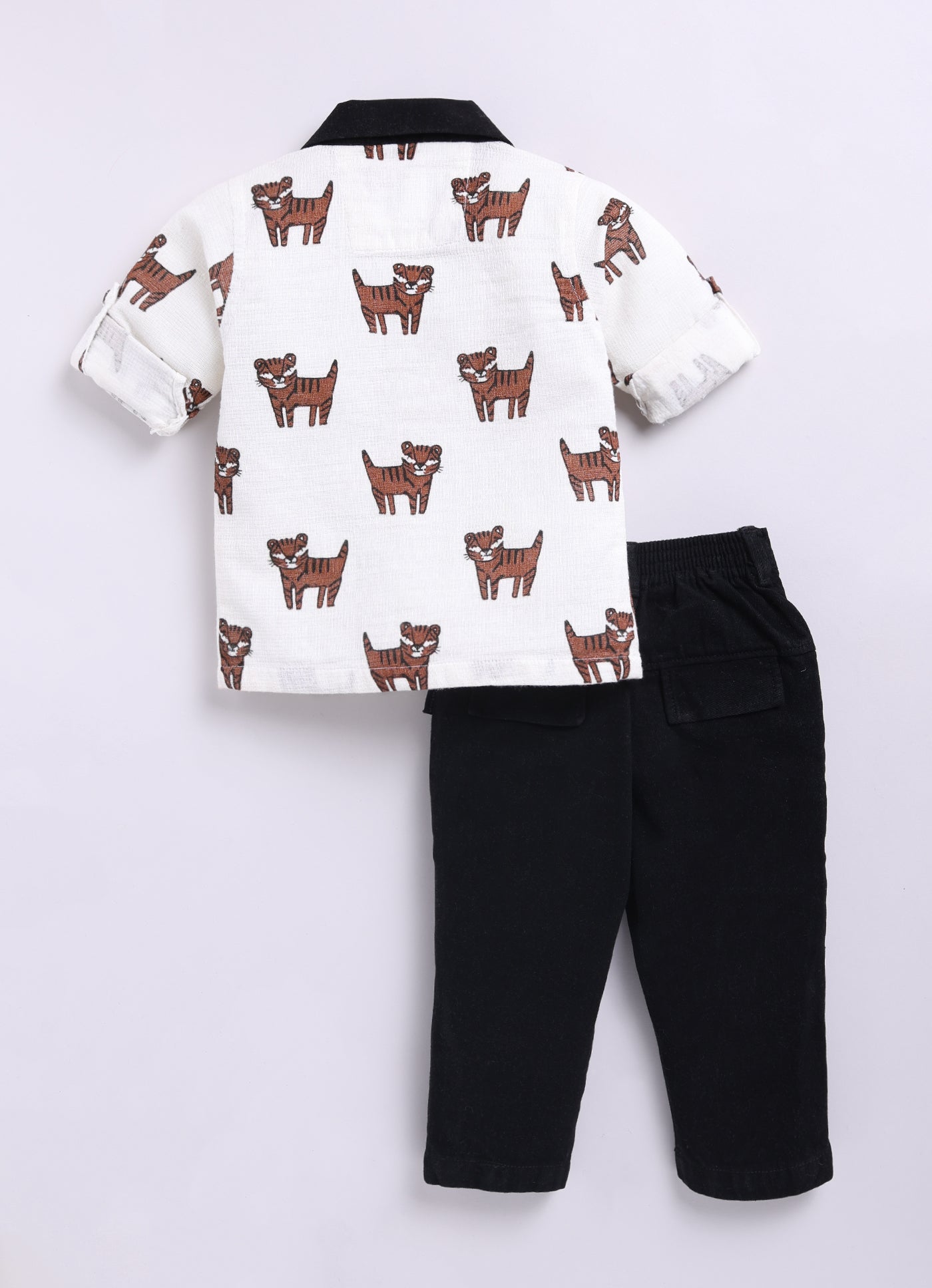 Organic Cotton All Over Lion Printed Woven Full Sleeves Cuban Collar Shacket with Denim Pants Casual Set- White