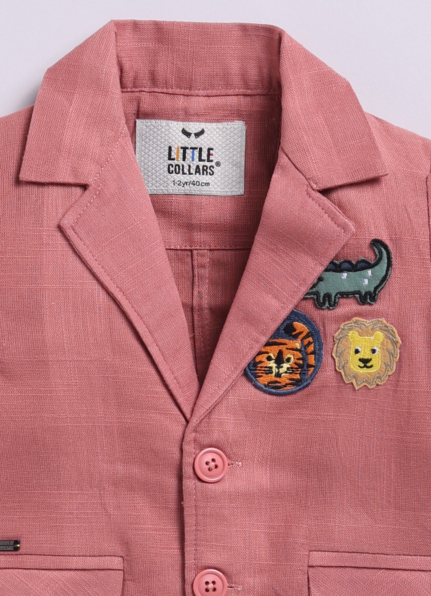 Boys Cotton Blazer with Animal Patches, Forest T shirt, Trouser Coat Coord Set - Peach