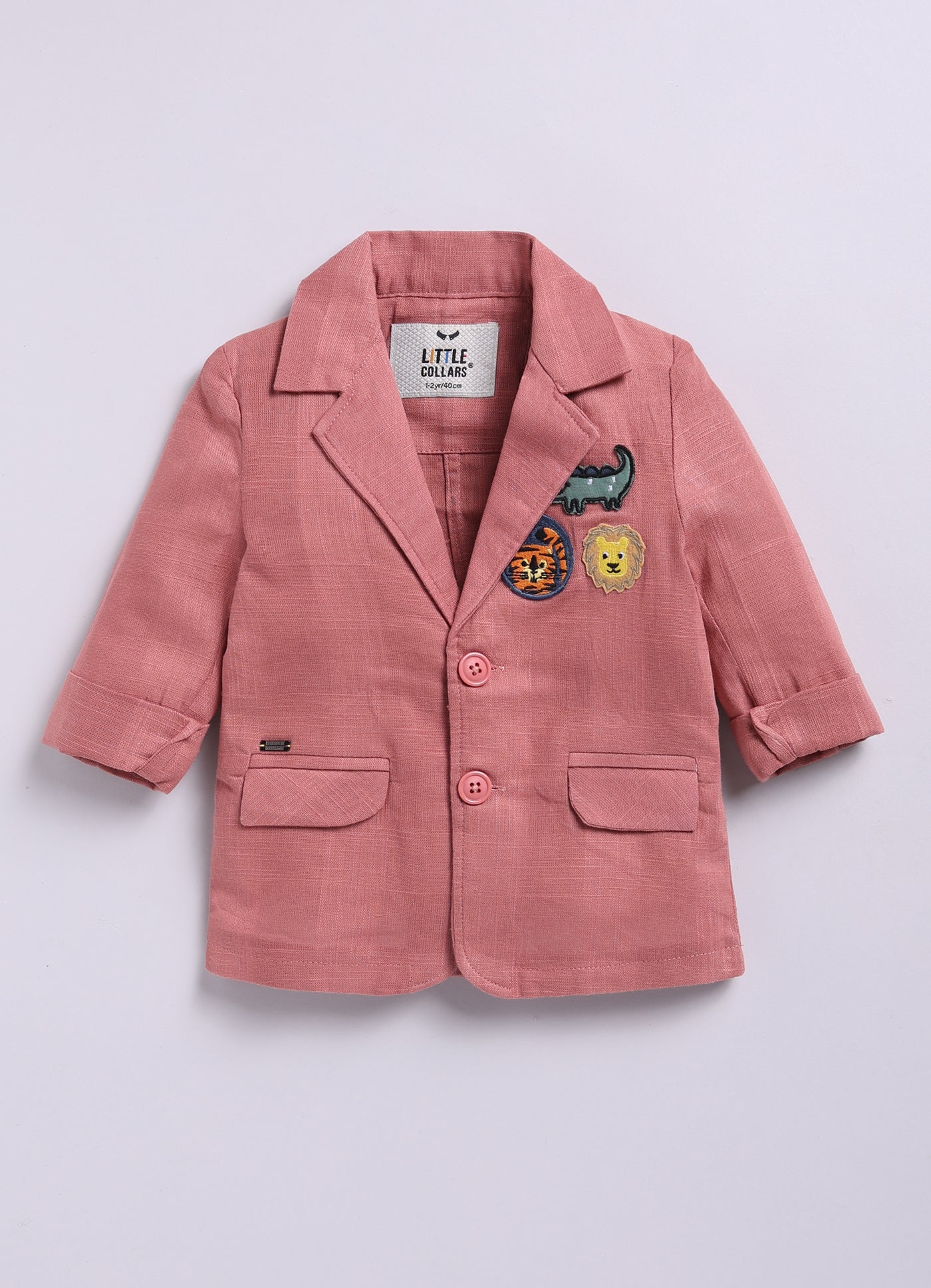 Boys Cotton Blazer with Animal Patches, Forest T shirt, Trouser Coat Coord Set - Peach