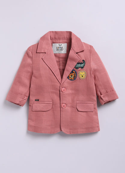 Boys Cotton Blazer with Animal Patches, Forest T shirt, Trouser Coat Coord Set - Peach