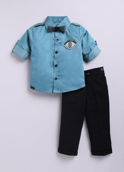Blended Cotton Full Sleeves Evil Eye Embellished Shirt with Pants Set- Teal