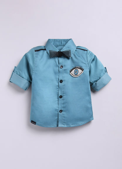 Blended Cotton Full Sleeves Evil Eye Embellished Shirt with Pants Set- Teal