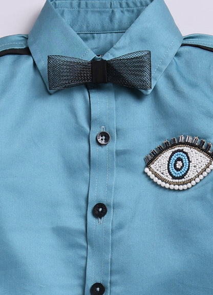 Blended Cotton Full Sleeves Evil Eye Embellished Shirt with Pants Set- Teal