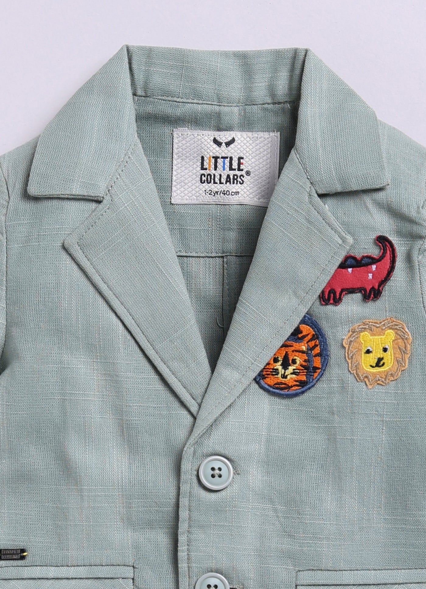 Little Collars Boys Cotton Blazer with Animal Patches, Forest T shirt, Trouser Coat Coord Set - Green