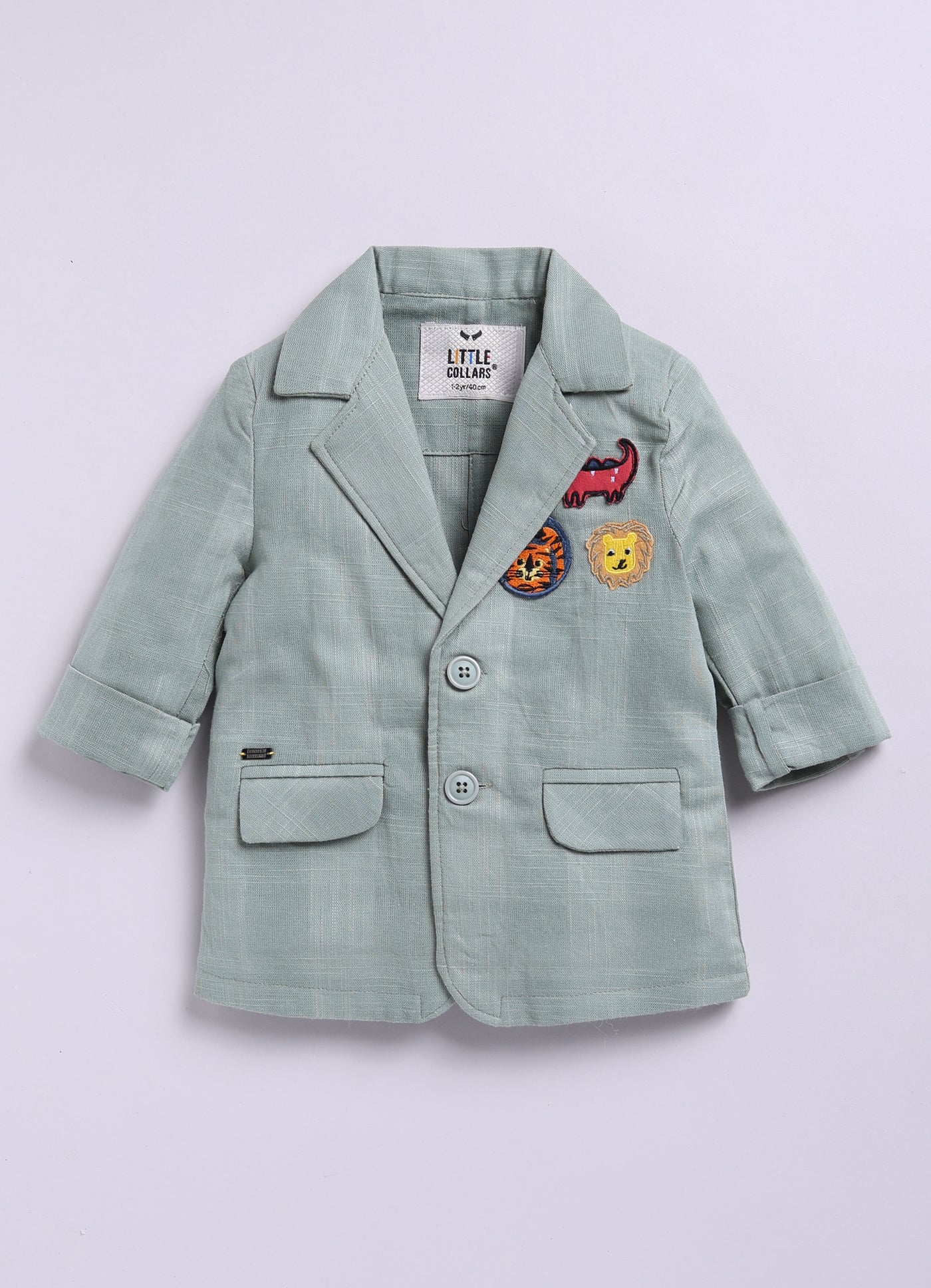 Little Collars Boys Cotton Blazer with Animal Patches, Forest T shirt, Trouser Coat Coord Set - Green