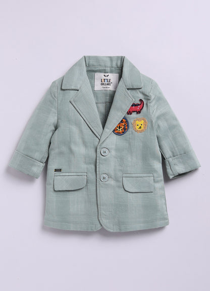 Little Collars Boys Cotton Blazer with Animal Patches, Forest T shirt, Trouser Coat Coord Set - Green