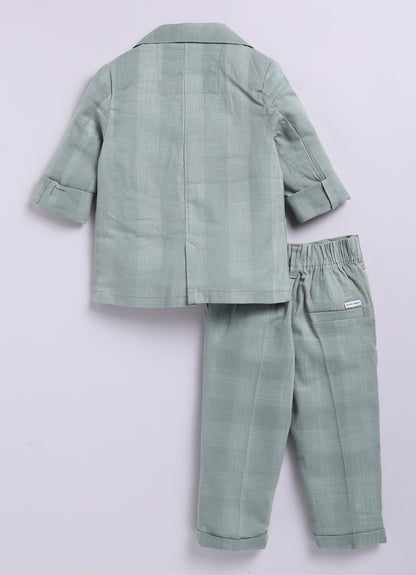 Little Collars Boys Cotton Blazer with Animal Patches, Forest T shirt, Trouser Coat Coord Set - Green