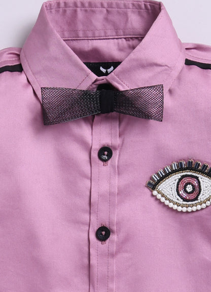 Blended Cotton Full Sleeves Evil Eye Embellished Shirt with Pants Set- Lavender