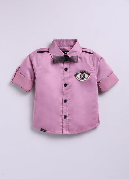 Blended Cotton Full Sleeves Evil Eye Embellished Shirt with Pants Set- Lavender