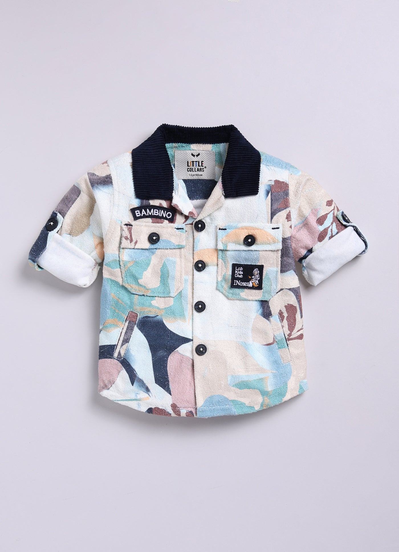 Blended Terry Toweling Abstract Printed Woven Full Sleeves Cuban Collar Shacket Printed T-shirt with Denim Pants Casual Set-Blue