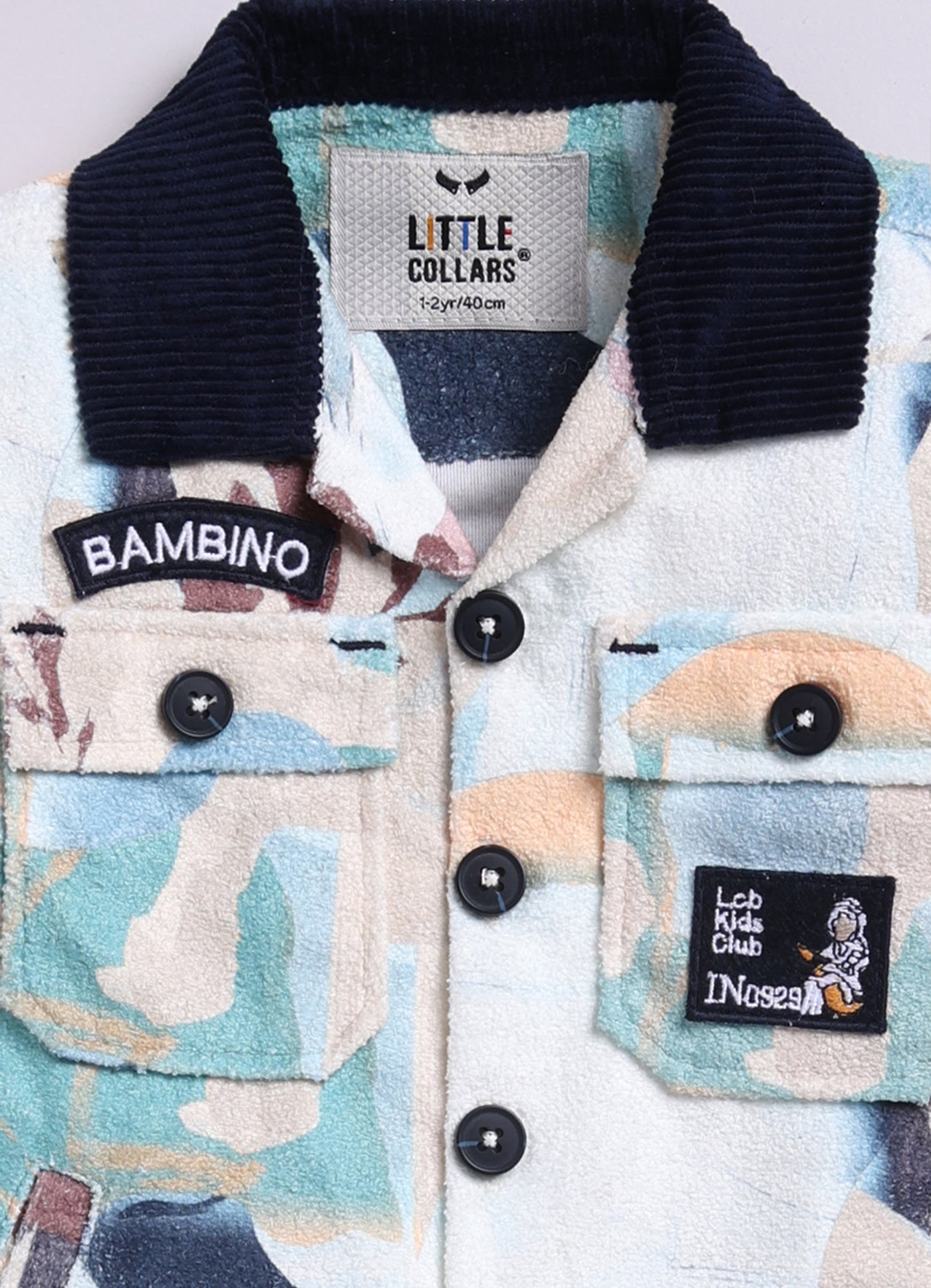 Blended Terry Toweling Abstract Printed Woven Full Sleeves Cuban Collar Shacket Printed T-shirt with Denim Pants Casual Set-Blue