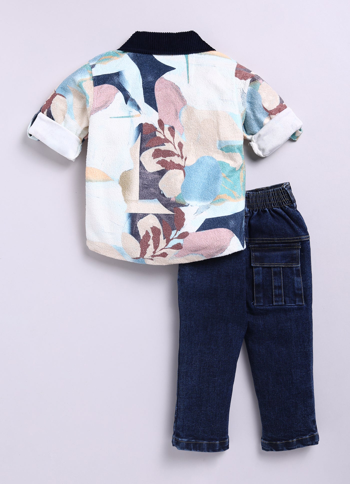 Blended Terry Toweling Abstract Printed Woven Full Sleeves Cuban Collar Shacket Printed T-shirt with Denim Pants Casual Set-Blue