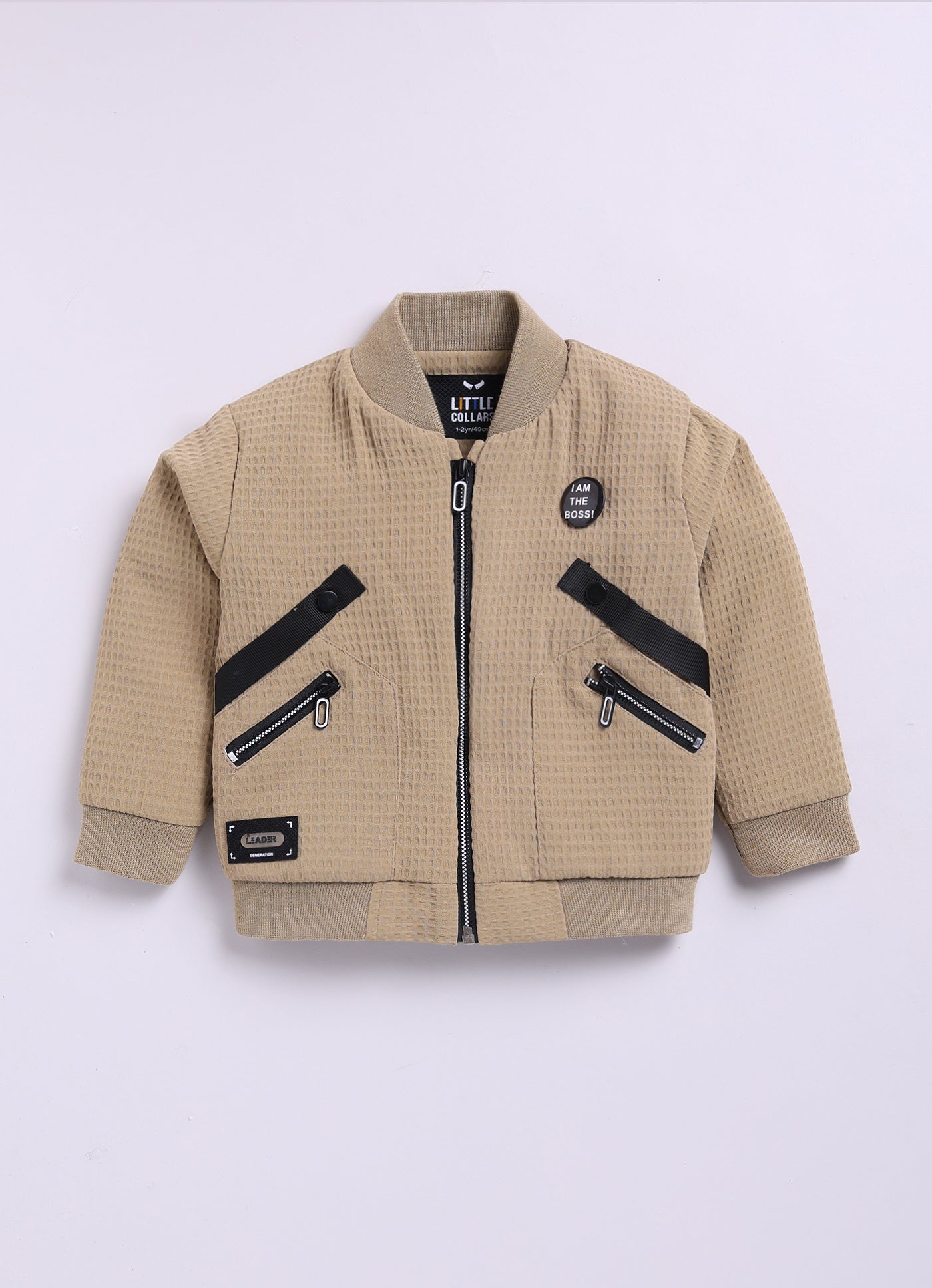 Jaquard Knitted Full Sleeves Zippered Sweat Jacket with Printed T-shirt and Denim Pants Casual Set- Khaki