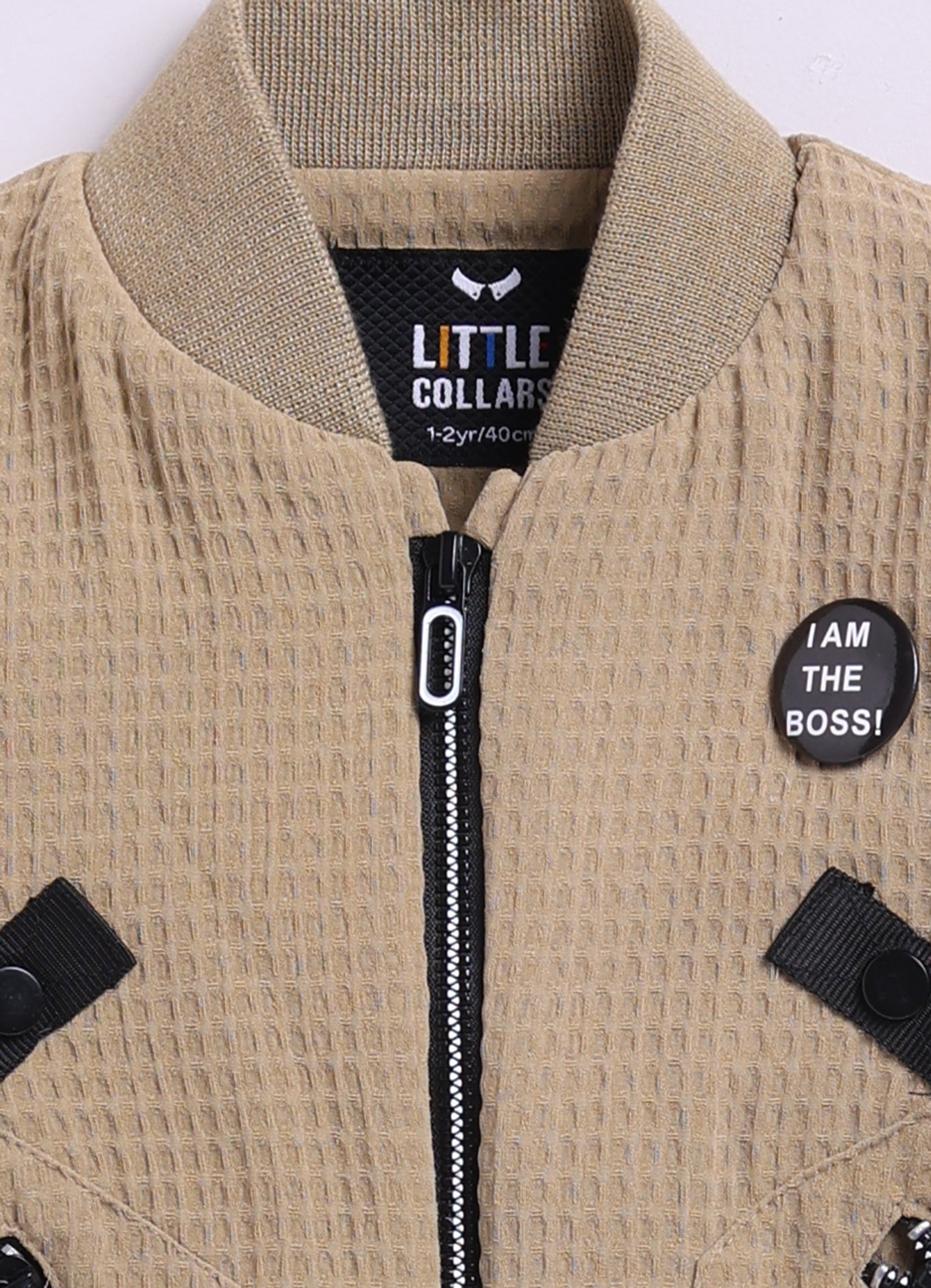 Jaquard Knitted Full Sleeves Zippered Sweat Jacket with Printed T-shirt and Denim Pants Casual Set- Khaki