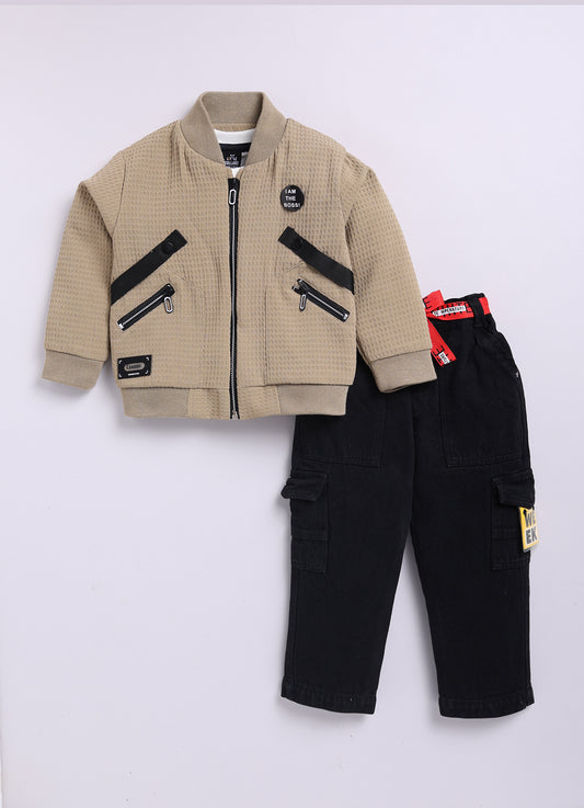 Jaquard Knitted Full Sleeves Zippered Sweat Jacket with Printed T-shirt and Denim Pants Casual Set- Khaki