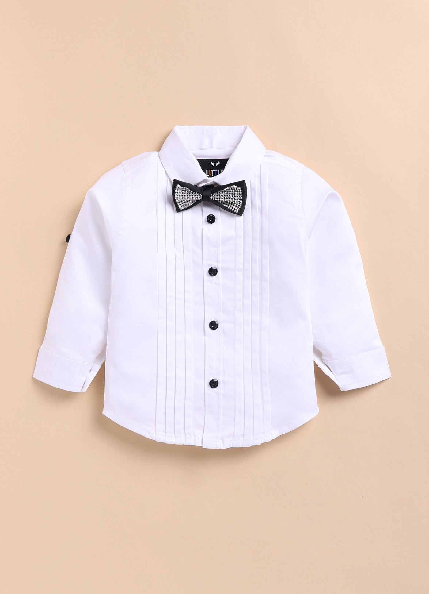Blended Checks Jaquard Woven Full Sleeves Coat Pant with Tuxedo Shirt, Bow and Brooch Pin Formal Coat Set- Black