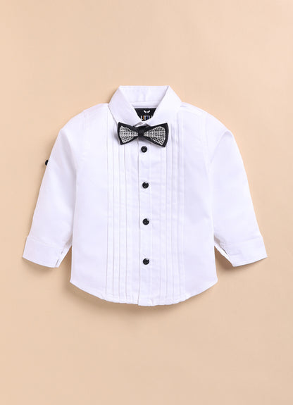 Blended Checks Jaquard Woven Full Sleeves Coat Pant with Tuxedo Shirt, Bow and Brooch Pin Formal Coat Set- Black