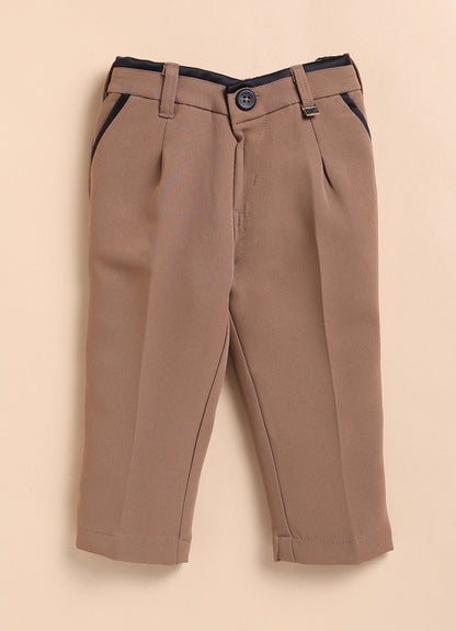 Jacquard Woven Full Sleeves Floral Waistcoat Pant with Shirt Bow and Brooch Jacket Set- Gold