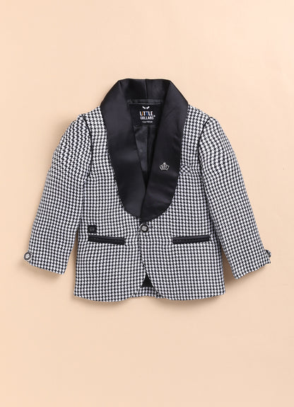 Blended Checks Jaquard Woven Full Sleeves Coat Pant with Tuxedo Shirt, Bow and Brooch Pin Formal Coat Set- Black