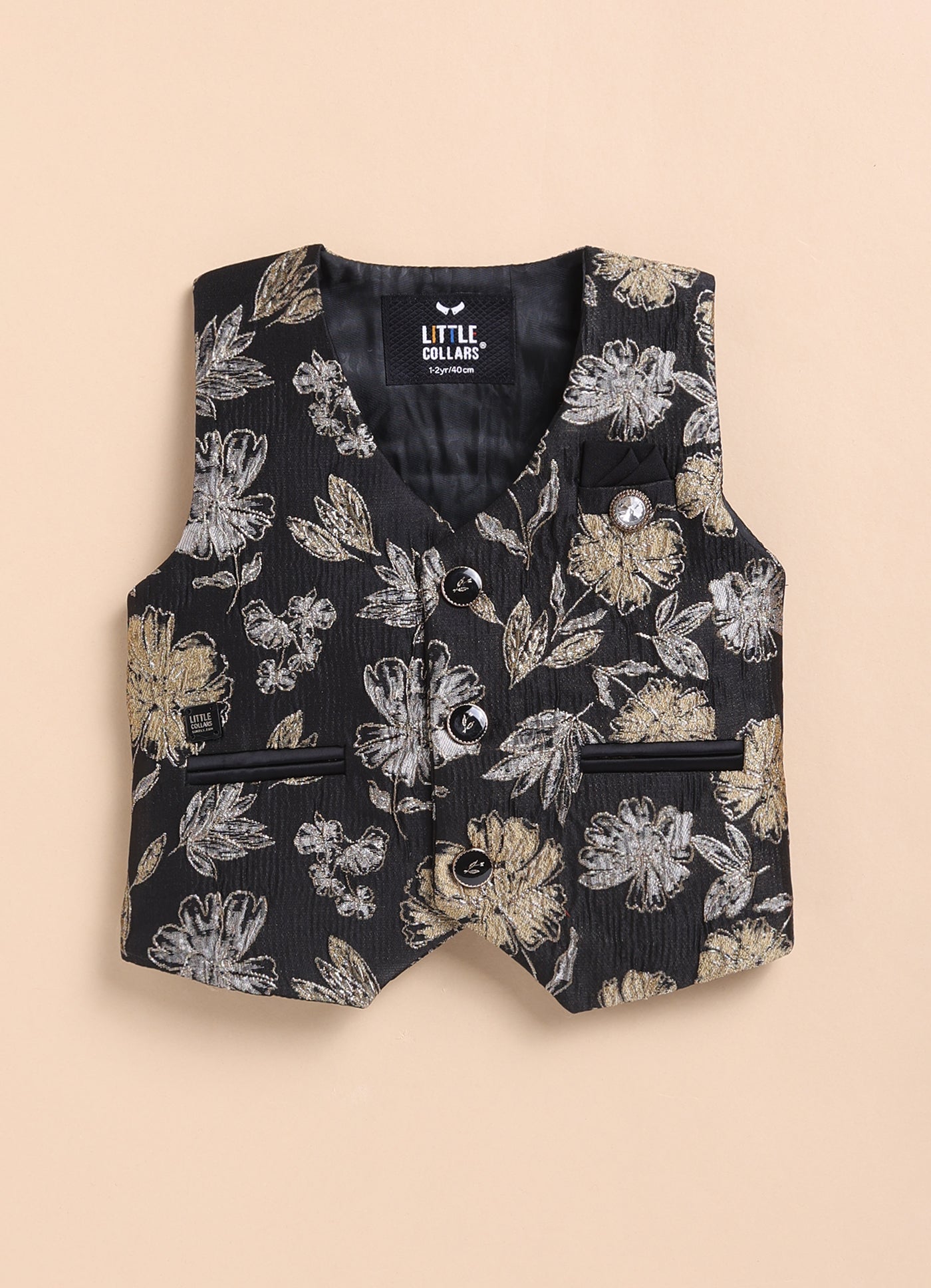 Jacquard Woven Full Sleeves Floral Waistcoat Pant with Shirt Bow and Brooch Jacket Set- Gold