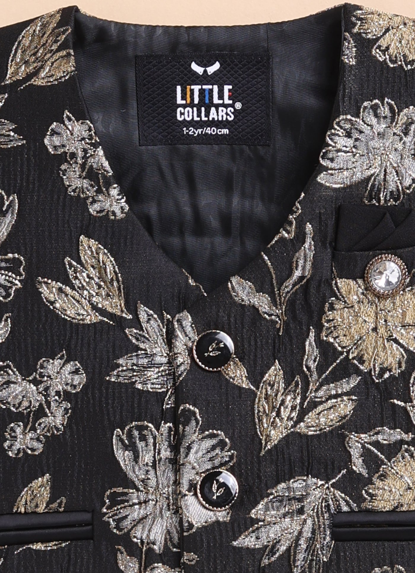 Jacquard Woven Full Sleeves Floral Waistcoat Pant with Shirt Bow and Brooch Jacket Set- Gold