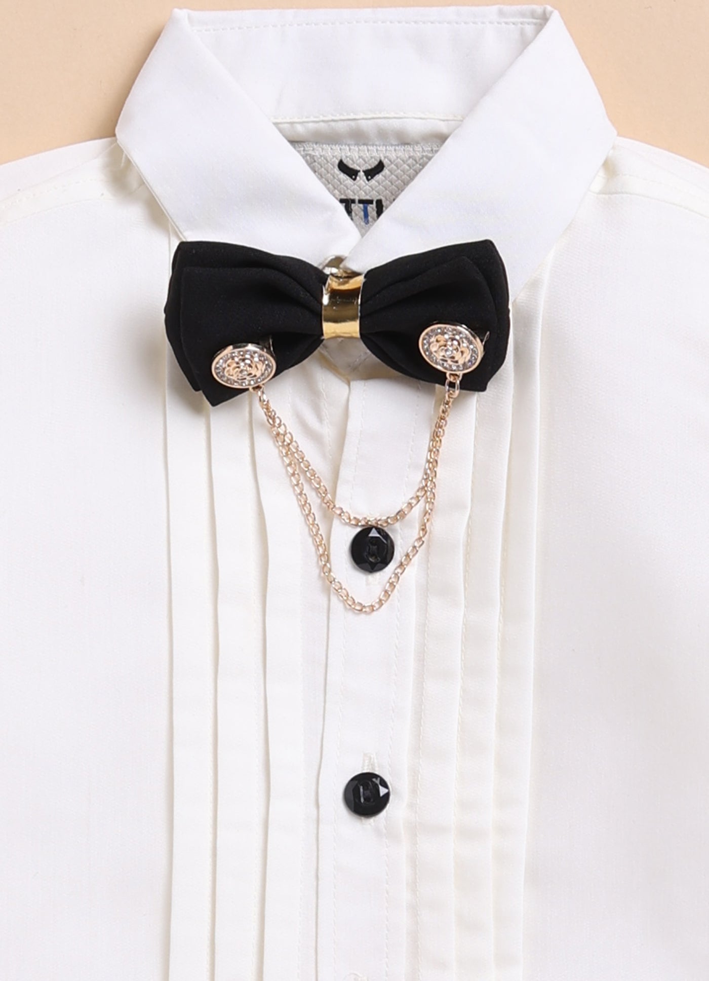 Jacquard Woven Full Sleeves Floral Waistcoat Pant with Shirt Bow and Brooch Jacket Set- Gold