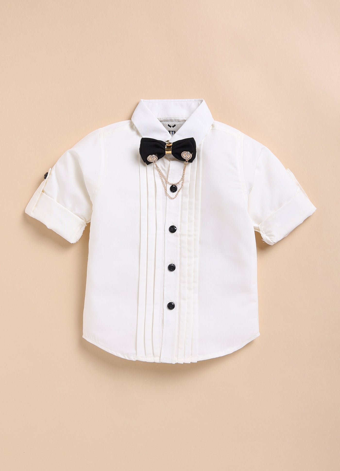 Jacquard Woven Full Sleeves Floral Waistcoat Pant with Shirt Bow and Brooch Jacket Set- Gold