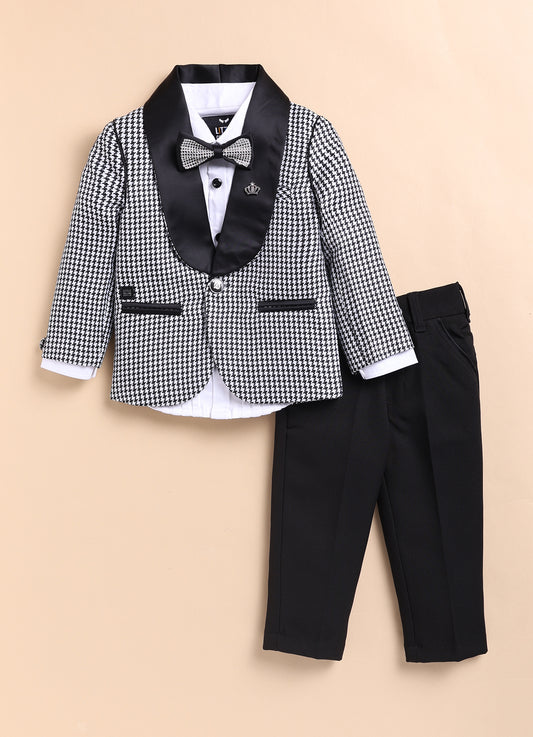 Blended Checks Jaquard Woven Full Sleeves Coat Pant with Tuxedo Shirt, Bow and Brooch Pin Formal Coat Set- Black