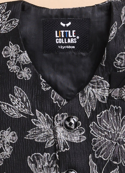 Jacquard Woven Full Sleeves Floral Waistcoat Pant with Shirt Bow and Brooch Jacket Set- Silver