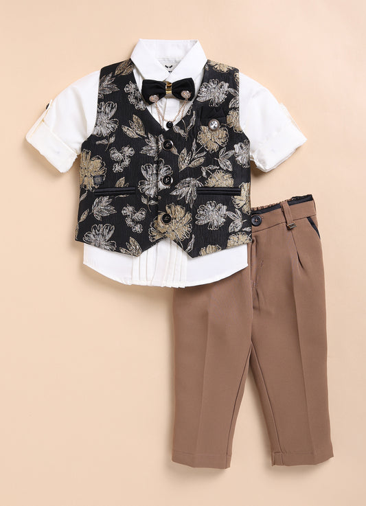 Jacquard Woven Full Sleeves Floral Waistcoat Pant with Shirt Bow and Brooch Jacket Set- Gold