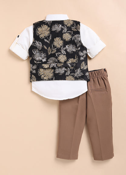Jacquard Woven Full Sleeves Floral Waistcoat Pant with Shirt Bow and Brooch Jacket Set- Gold