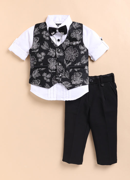 Jacquard Woven Full Sleeves Floral Waistcoat Pant with Shirt Bow and Brooch Jacket Set- Silver