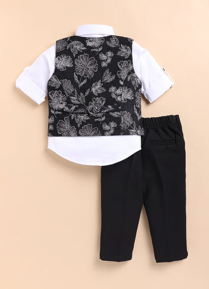 Jacquard Woven Full Sleeves Floral Waistcoat Pant with Shirt Bow and Brooch Jacket Set- Silver