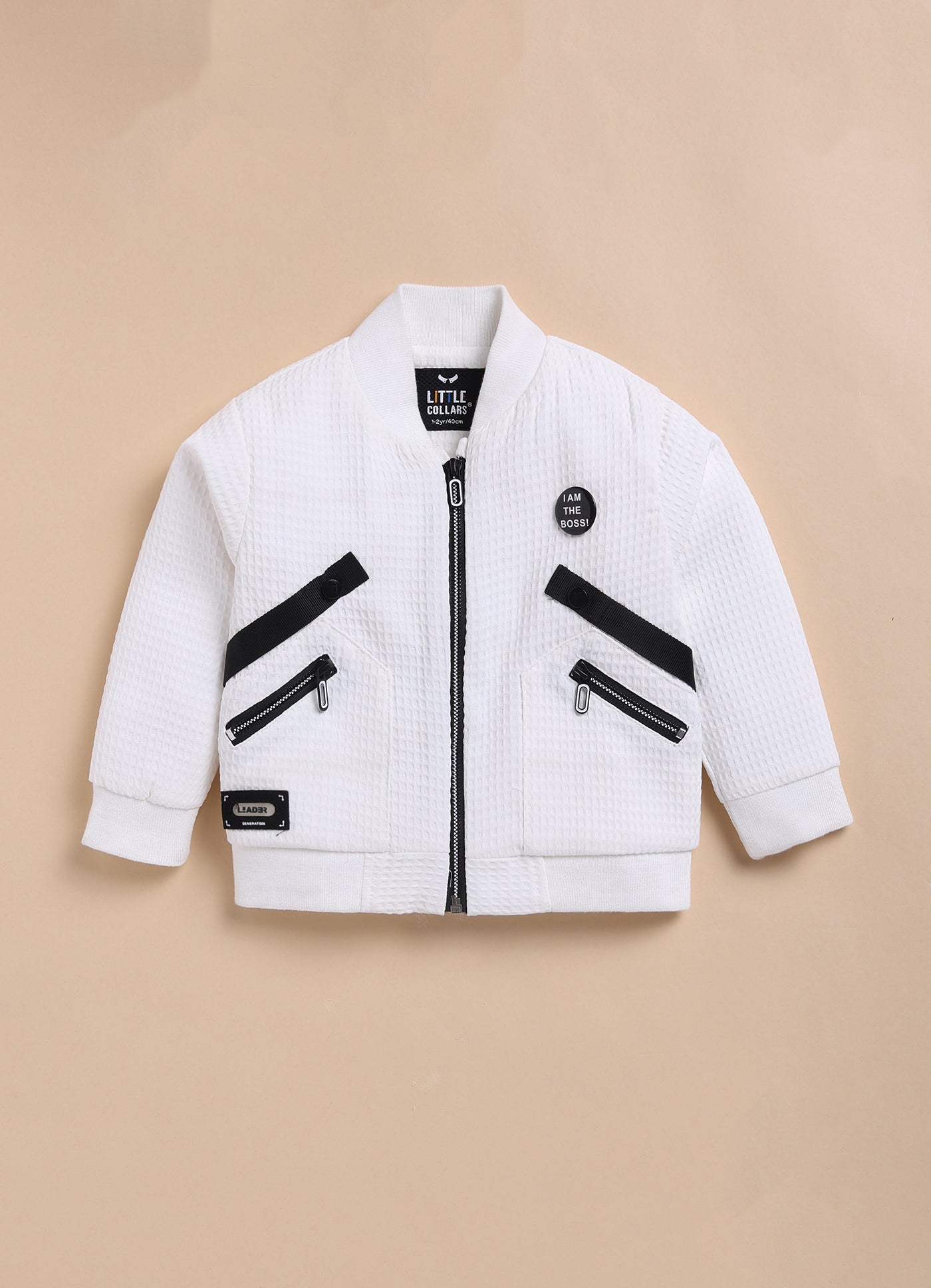 Jaquard Knitted Full Sleeves Zippered Sweat Jacket with Printed T-shirt and Denim Pants Casual Set- White
