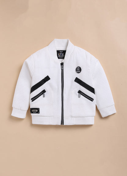 Jaquard Knitted Full Sleeves Zippered Sweat Jacket with Printed T-shirt and Denim Pants Casual Set- White