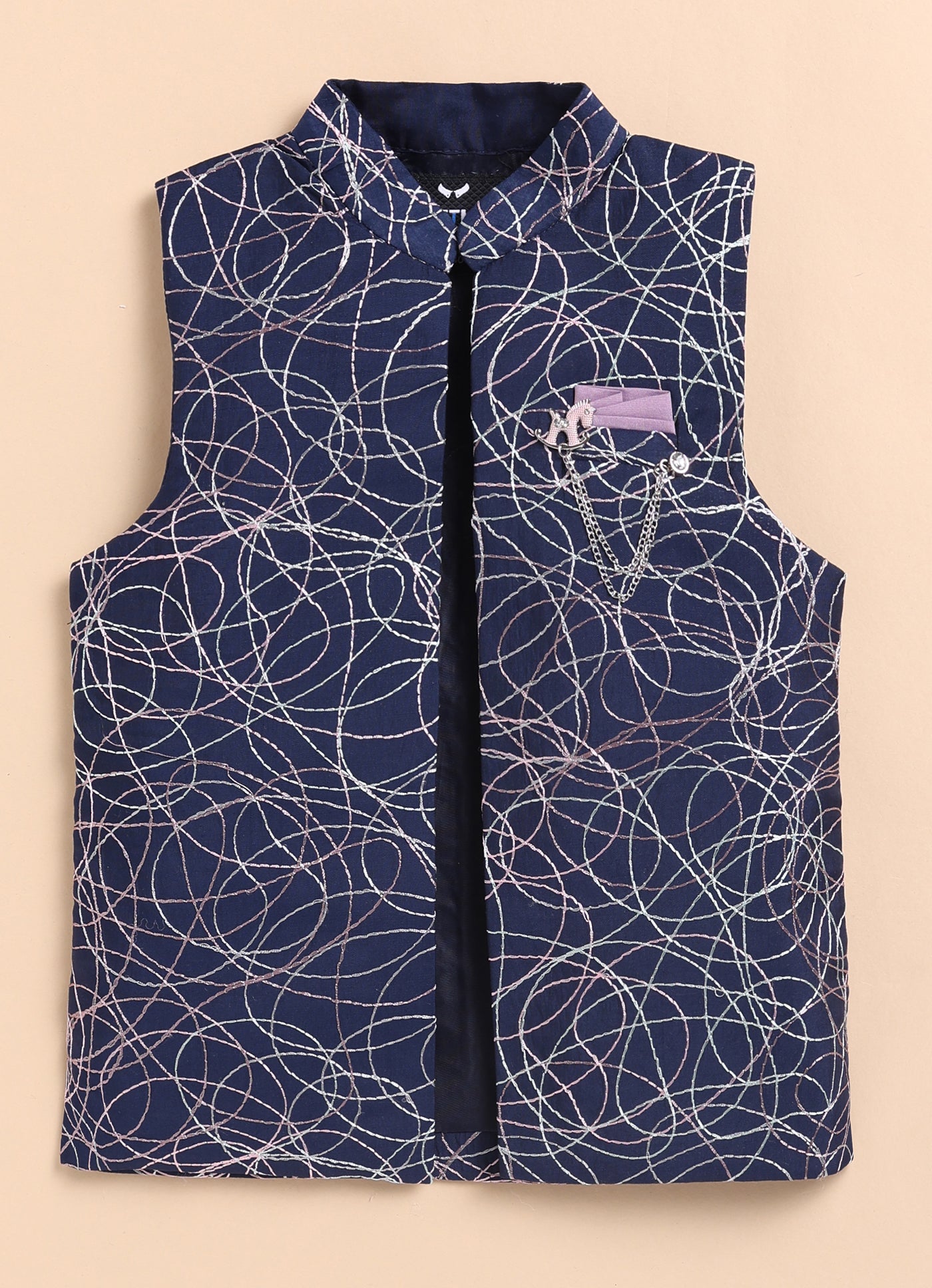 Boys Blended Silk Heavy Embroidered  Nehru Jacket Full Sleeves Kurta and Pajama with Brooch Ethnic Set - Blue