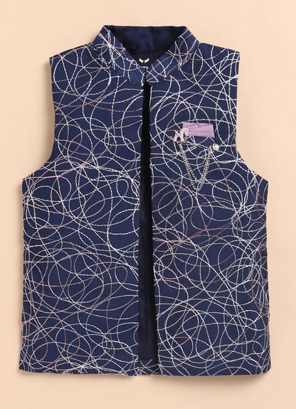 Boys Blended Silk Heavy Embroidered  Nehru Jacket Full Sleeves Kurta and Pajama with Brooch Ethnic Set - Blue