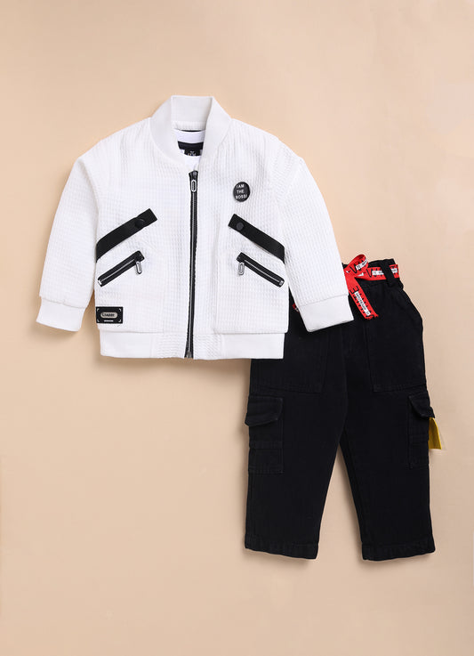 Jaquard Knitted Full Sleeves Zippered Sweat Jacket with Printed T-shirt and Denim Pants Casual Set- White