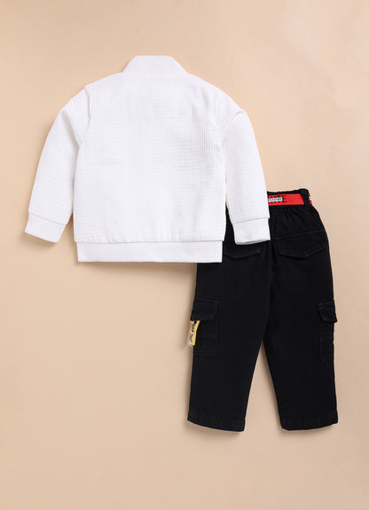 Jaquard Knitted Full Sleeves Zippered Sweat Jacket with Printed T-shirt and Denim Pants Casual Set- White