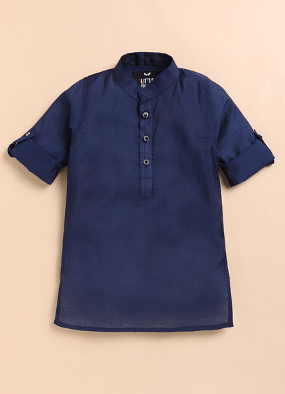Boys Blended Silk Heavy Embroidered  Nehru Jacket Full Sleeves Kurta and Pajama with Brooch Ethnic Set - Blue