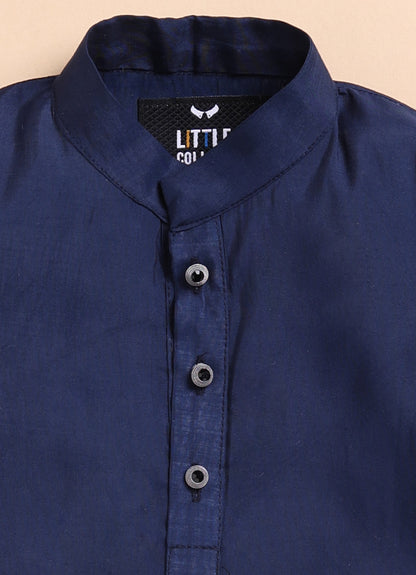 Boys Blended Silk Heavy Embroidered  Nehru Jacket Full Sleeves Kurta and Pajama with Brooch Ethnic Set - Blue