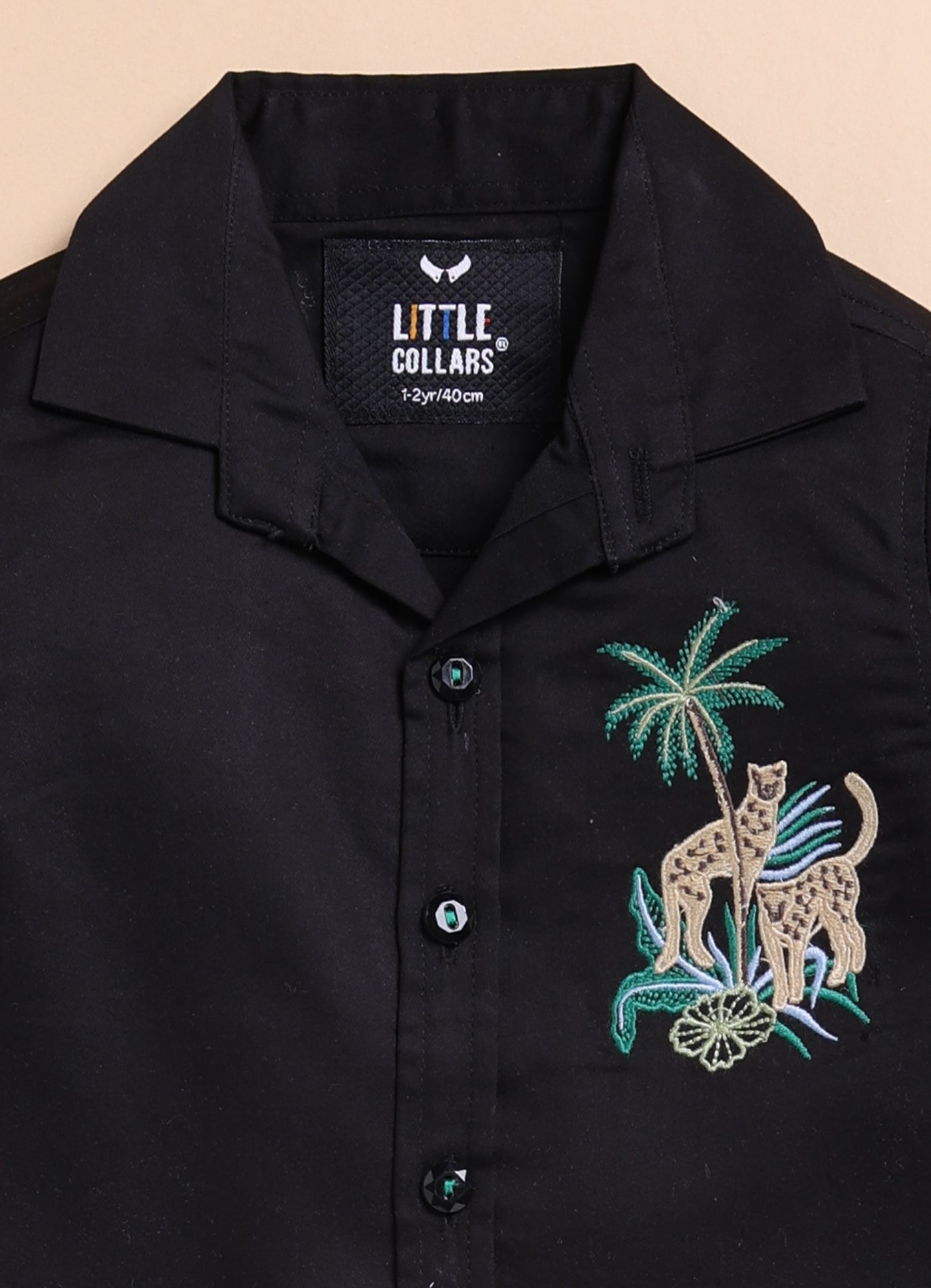 Blended Cotton Satin Solid Woven Full Sleeves Animal Embroidered Shirt Pant Set- Black