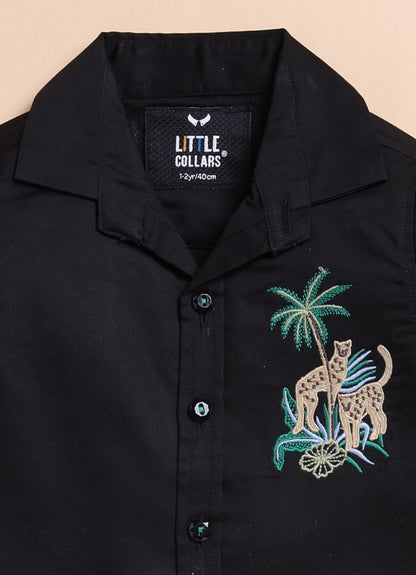 Blended Cotton Satin Solid Woven Full Sleeves Animal Embroidered Shirt Pant Set- Black