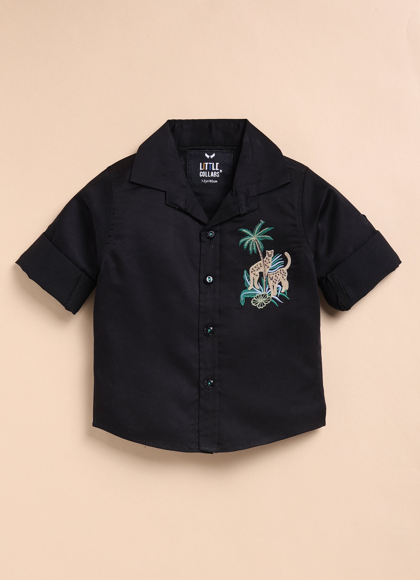 Blended Cotton Satin Solid Woven Full Sleeves Animal Embroidered Shirt Pant Set- Black